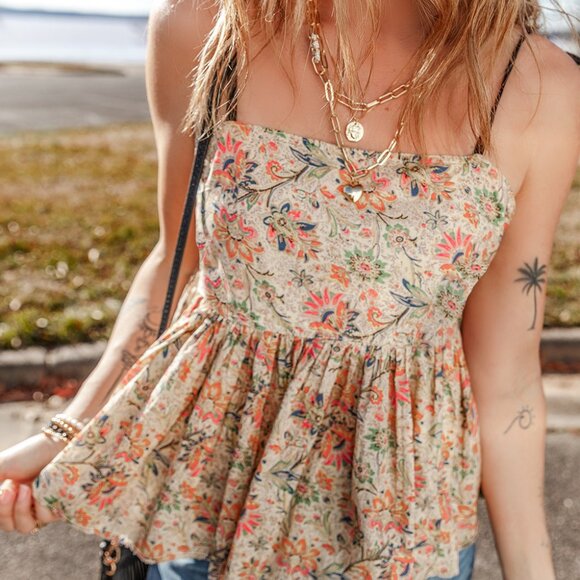 B263 Apricot Floral Print Spaghetti Straps Ruffled Peplum Tank Top - Picture 4 of 13
